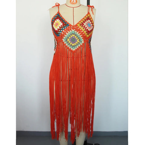 New Crochet Bohemia Long Fringe Tassel Beach Cover-ups swimwear CODE: KAR1924