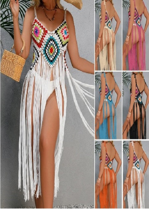 New Crochet Bohemia Long Fringe Tassel Beach Cover-ups swimwear CODE: KAR1924