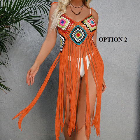 New Crochet Bohemia Long Fringe Tassel Beach Cover-ups swimwear CODE: KAR1924