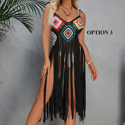 New Crochet Bohemia Long Fringe Tassel Beach Cover-ups swimwear CODE: KAR1924