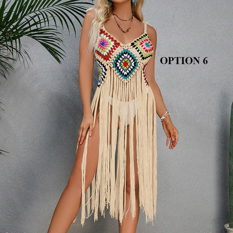 New Crochet Bohemia Long Fringe Tassel Beach Cover-ups swimwear CODE: KAR1924