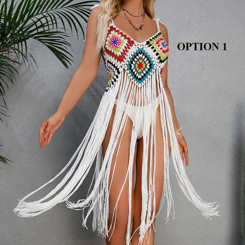 New Crochet Bohemia Long Fringe Tassel Beach Cover-ups swimwear CODE: KAR1924