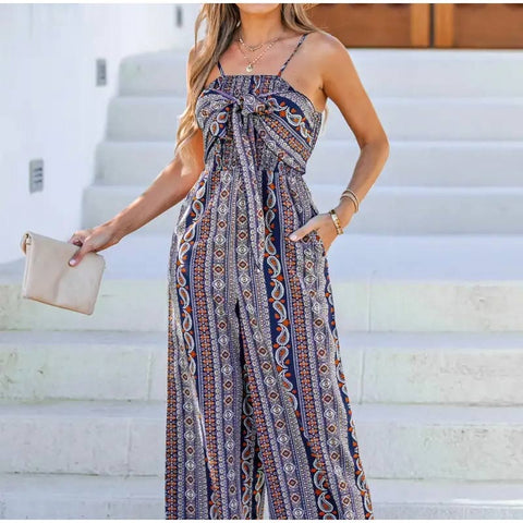 Summer Printed Lace Up Sexy Sleeveless Slim One Piece Wide Leg Pant Jumpsuit CODE: KAR1925