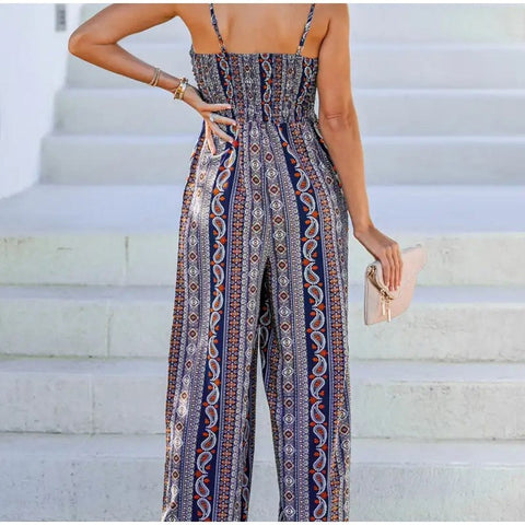 Summer Printed Lace Up Sexy Sleeveless Slim One Piece Wide Leg Pant Jumpsuit CODE: KAR1925