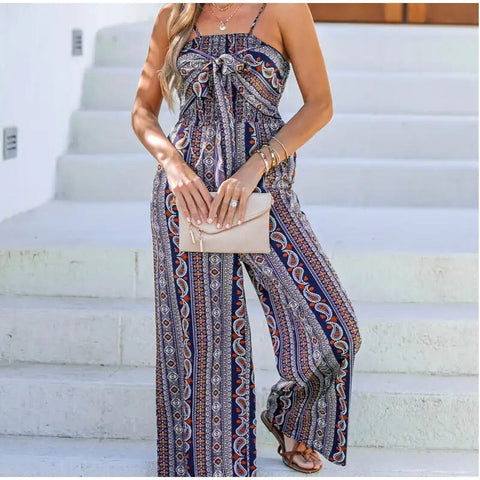 Summer Printed Lace Up Sexy Sleeveless Slim One Piece Wide Leg Pant Jumpsuit CODE: KAR1925