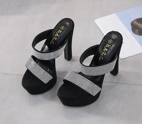 Summer Rhinestone Open Toe Ankle Strap Chunky High Heel CODE: KAR1933