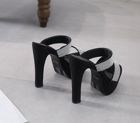 Summer Rhinestone Open Toe Ankle Strap Chunky High Heel CODE: KAR1933