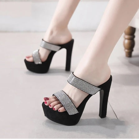 Summer Rhinestone Open Toe Ankle Strap Chunky High Heel CODE: KAR1933