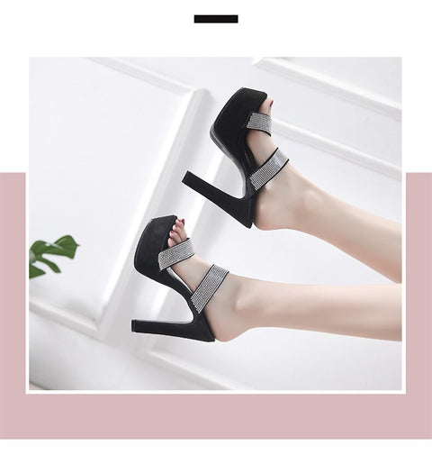 Summer Rhinestone Open Toe Ankle Strap Chunky High Heel CODE: KAR1933