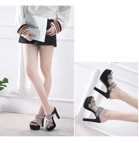 Summer Rhinestone Open Toe Ankle Strap Chunky High Heel CODE: KAR1933