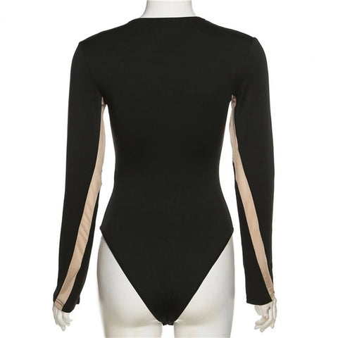 Sexy See-through Bodycon O Neck Mesh Stripe Long Sleeve Sexy Sheath Skinny Bodysuit CODE: KAR1938