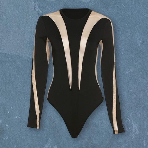 Sexy See-through Bodycon O Neck Mesh Stripe Long Sleeve Sexy Sheath Skinny Bodysuit CODE: KAR1938