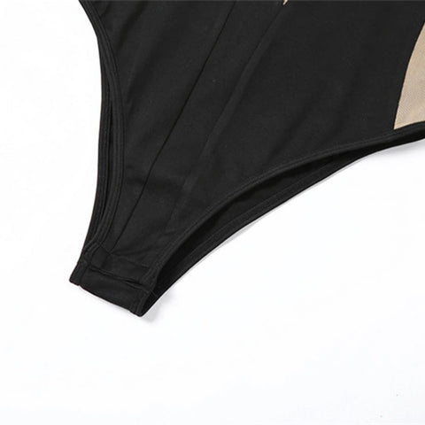 Sexy See-through Bodycon O Neck Mesh Stripe Long Sleeve Sexy Sheath Skinny Bodysuit CODE: KAR1938