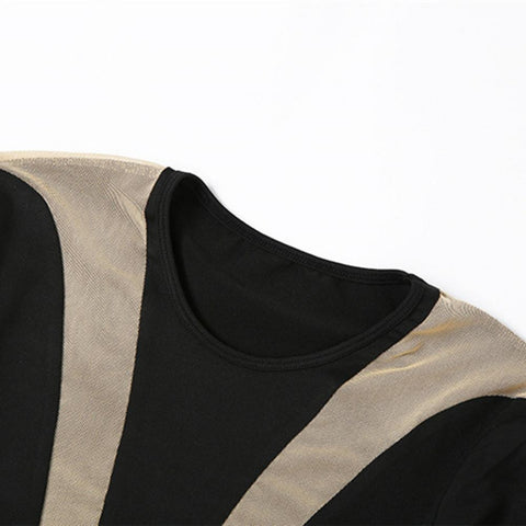 Sexy See-through Bodycon O Neck Mesh Stripe Long Sleeve Sexy Sheath Skinny Bodysuit CODE: KAR1938
