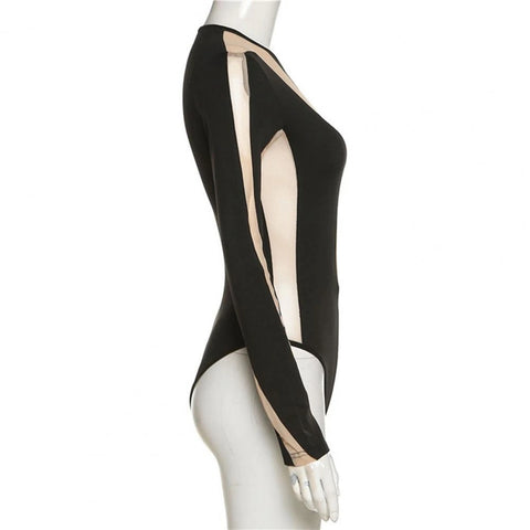 Sexy See-through Bodycon O Neck Mesh Stripe Long Sleeve Sexy Sheath Skinny Bodysuit CODE: KAR1938