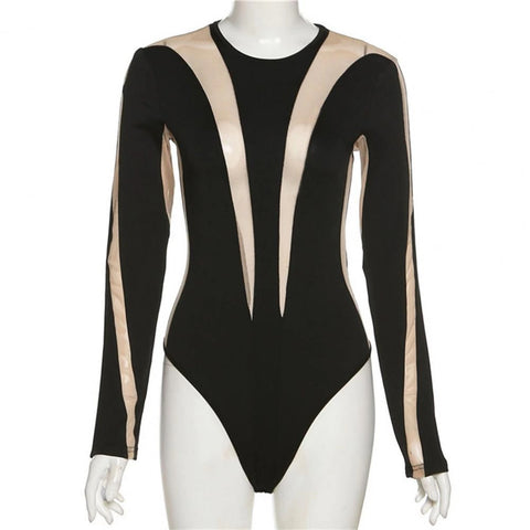 Sexy See-through Bodycon O Neck Mesh Stripe Long Sleeve Sexy Sheath Skinny Bodysuit CODE: KAR1938