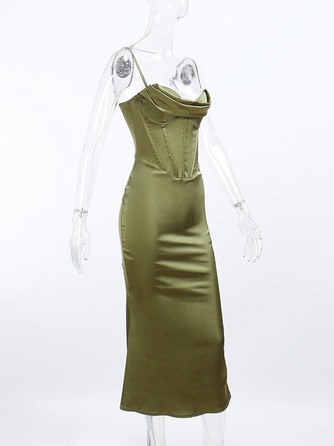 Sexy Sleeveless Stain Summer Elegant Chic Casual Corset Midi Strap dress CODE: KAR1939