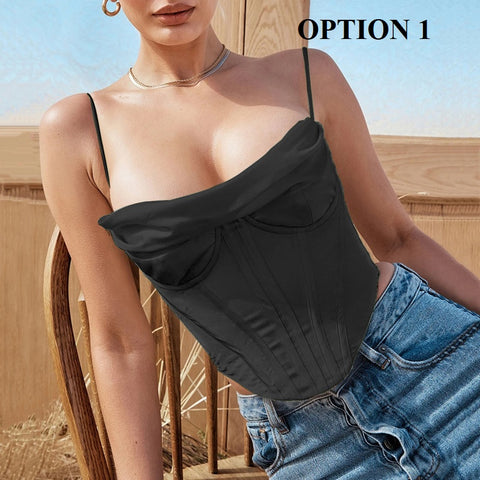 Summer New Fashion Sexy Pile Collar Satin Pleated Suspender Vest Hot Crop Top CODE: KAR1941