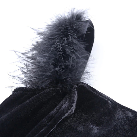 Elegant Ostrich Feather Velvet Sleeveless Split Hem Dress CODE: KAR933