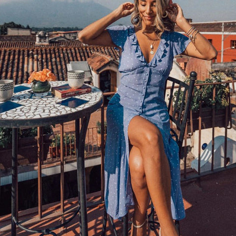 V-neck With Ruffled Dot and Printed Button Short Dress CODE: KAR968