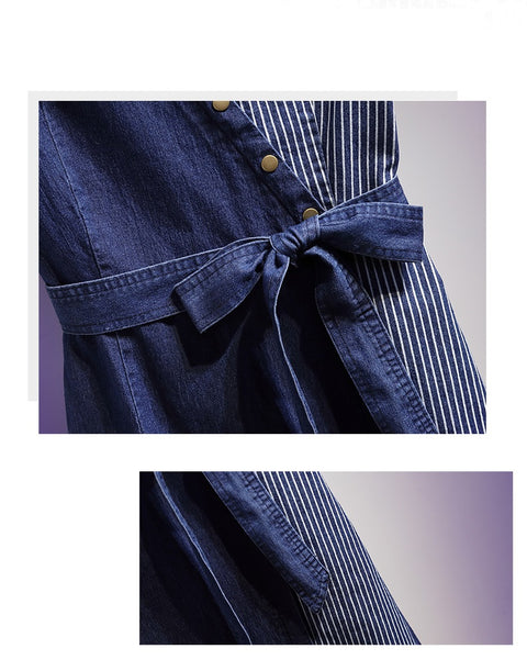 Stripe Spliced Fashion Lapel Short Sleeve Jeans Dress CODE: KAR971