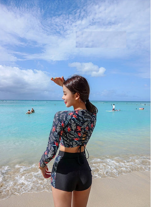 Long Sleeve Swimwear High Waist Surf Suit Bandage Tankini Shorts Swimsuit CODE: KAR984