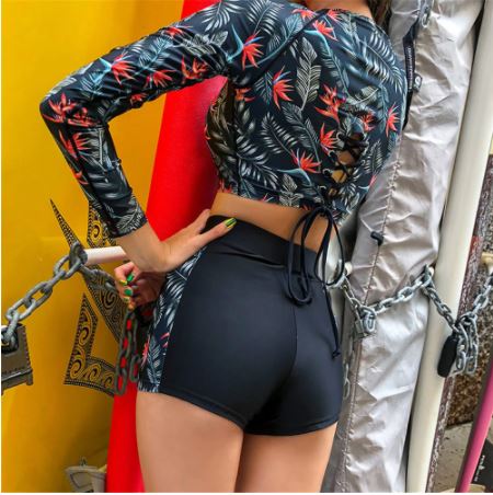 Long Sleeve Swimwear High Waist Surf Suit Bandage Tankini Shorts Swimsuit CODE: KAR984