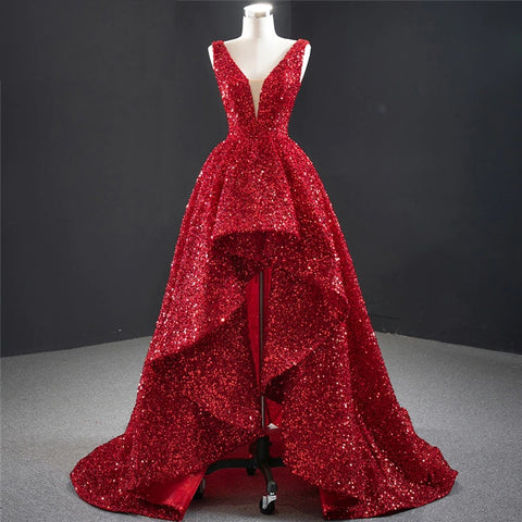 Red Deep-V Luxury Sexy Sleeveless Sequins Asymmetrical Formal Dress CODE: KAR999