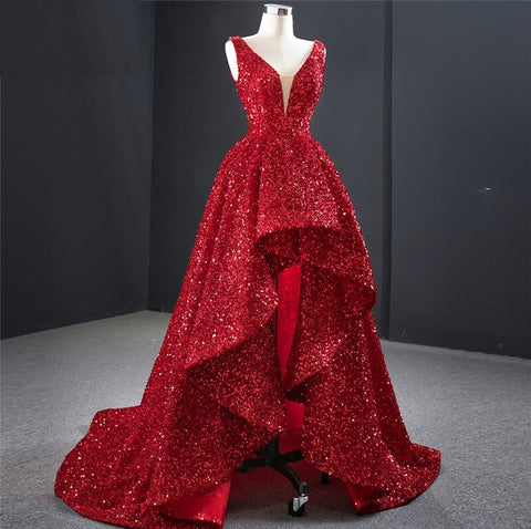 Red Deep-V Luxury Sexy Sleeveless Sequins Asymmetrical Formal Dress CODE: KAR999