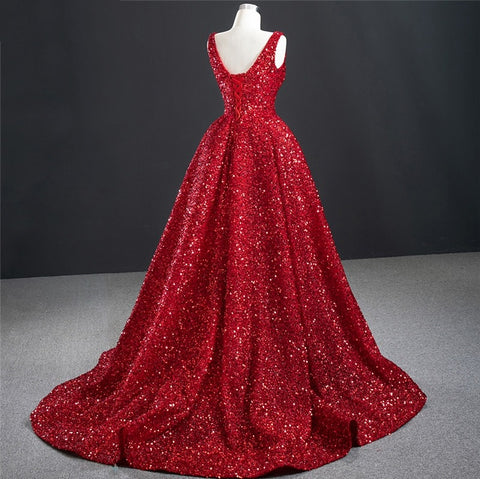 Red Deep-V Luxury Sexy Sleeveless Sequins Asymmetrical Formal Dress CODE: KAR999