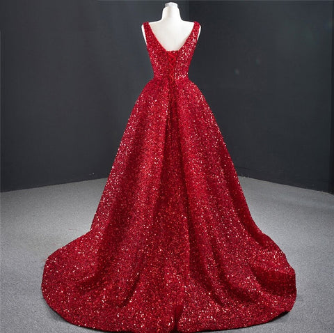 Red Deep-V Luxury Sexy Sleeveless Sequins Asymmetrical Formal Dress CODE: KAR999