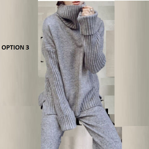 Autumn Winter Sweater Knitted Thicken Warm Turtleneck Split Loose Pullovers + Wide Legs Pants 2 Piece Set CODE: KAR1146