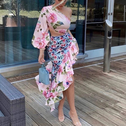 One Shoulder Floral Print Ruffles Lantern Sleeve Sexy Crop Top and Skirt Beach 2-Piece Set CODE: KAR1149