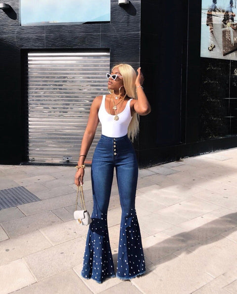 Summer sexy high waist women pants denim pearl flares CODE: KAR132