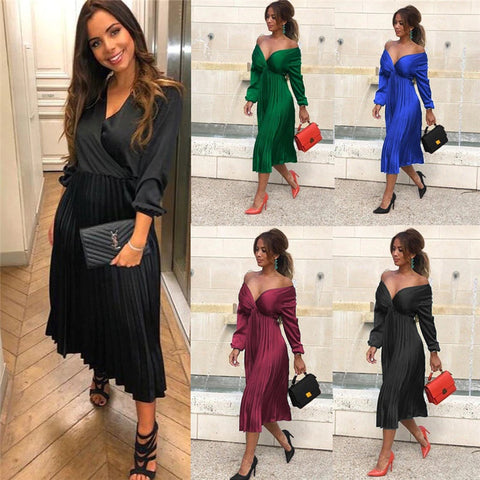 Long Sleeve Pleated Dress Solid V-Neck Long PartyDresses CODE: KAR301