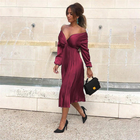 Long Sleeve Pleated Dress Solid V-Neck Long PartyDresses CODE: KAR301