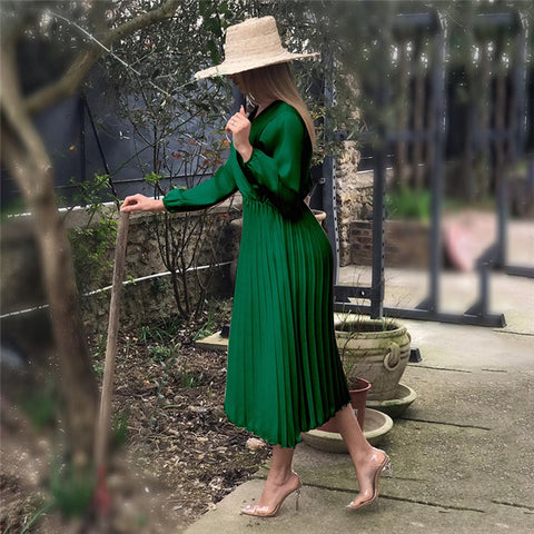 Long Sleeve Pleated Dress Solid V-Neck Long PartyDresses CODE: KAR301