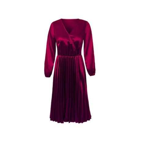 Long Sleeve Pleated Dress Solid V-Neck Long PartyDresses CODE: KAR301