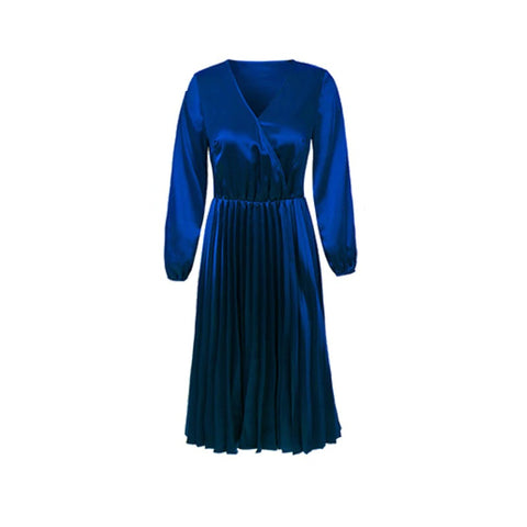 Long Sleeve Pleated Dress Solid V-Neck Long PartyDresses CODE: KAR301
