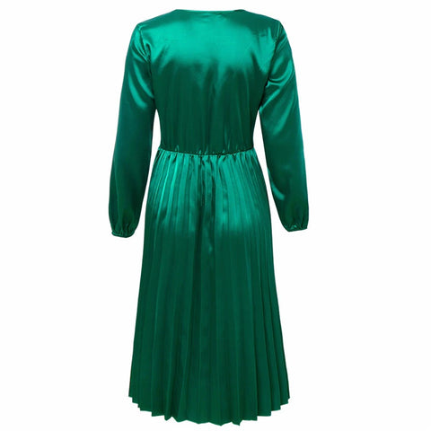 Long Sleeve Pleated Dress Solid V-Neck Long PartyDresses CODE: KAR301