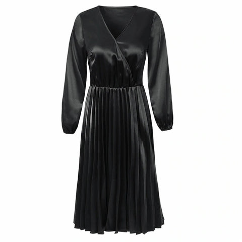 Long Sleeve Pleated Dress Solid V-Neck Long PartyDresses CODE: KAR301