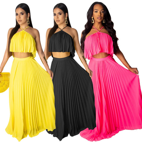 Casual Halter Crop Top and Pleated Long Skirt Suit Two Piece CODE: KAR324