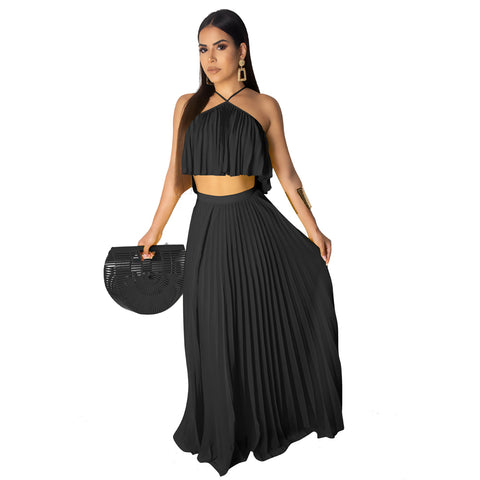 Casual Halter Crop Top and Pleated Long Skirt Suit Two Piece CODE: KAR324