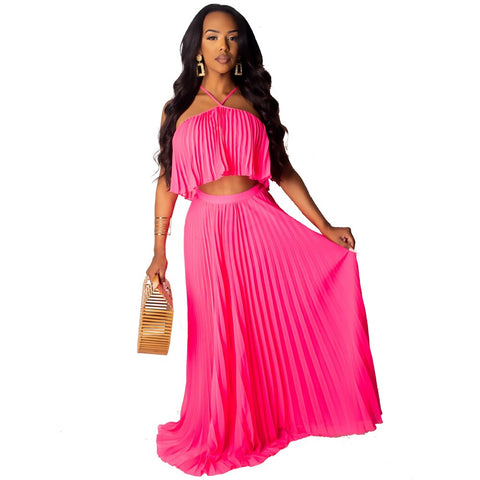 Casual Halter Crop Top and Pleated Long Skirt Suit Two Piece CODE: KAR324