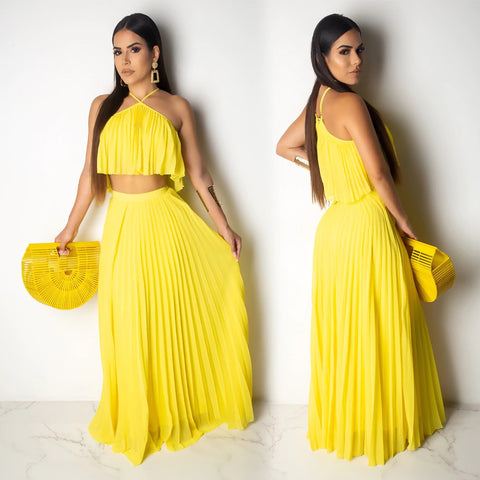 Casual Halter Crop Top and Pleated Long Skirt Suit Two Piece CODE: KAR324