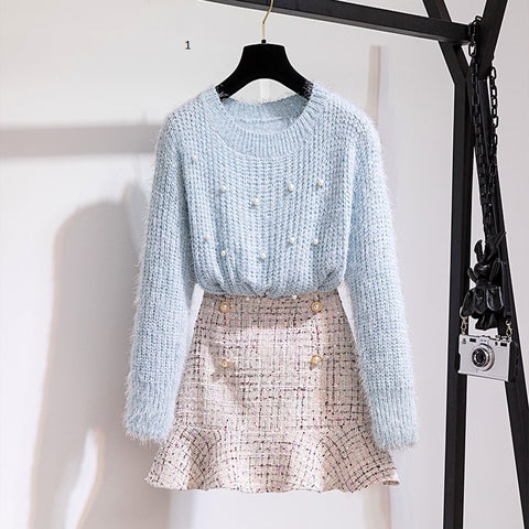 Long Sleeve Beading pullover Knitting Sweater Top + tweed Mermaid MidiSkirt 2 Piece Sets CODE: KAR419