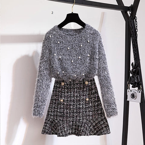 Long Sleeve Beading pullover Knitting Sweater Top + tweed Mermaid MidiSkirt 2 Piece Sets CODE: KAR419