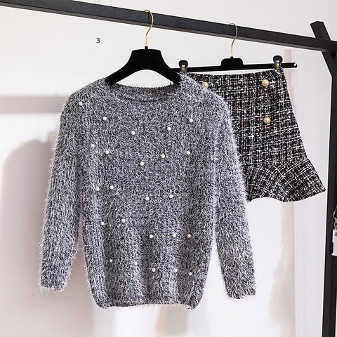 Long Sleeve Beading pullover Knitting Sweater Top + tweed Mermaid MidiSkirt 2 Piece Sets CODE: KAR419