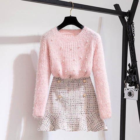 Long Sleeve Beading pullover Knitting Sweater Top + tweed Mermaid MidiSkirt 2 Piece Sets CODE: KAR419