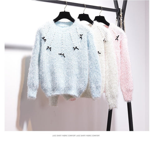 Long Sleeve Beading pullover Knitting Sweater Top + tweed Mermaid MidiSkirt 2 Piece Sets CODE: KAR419